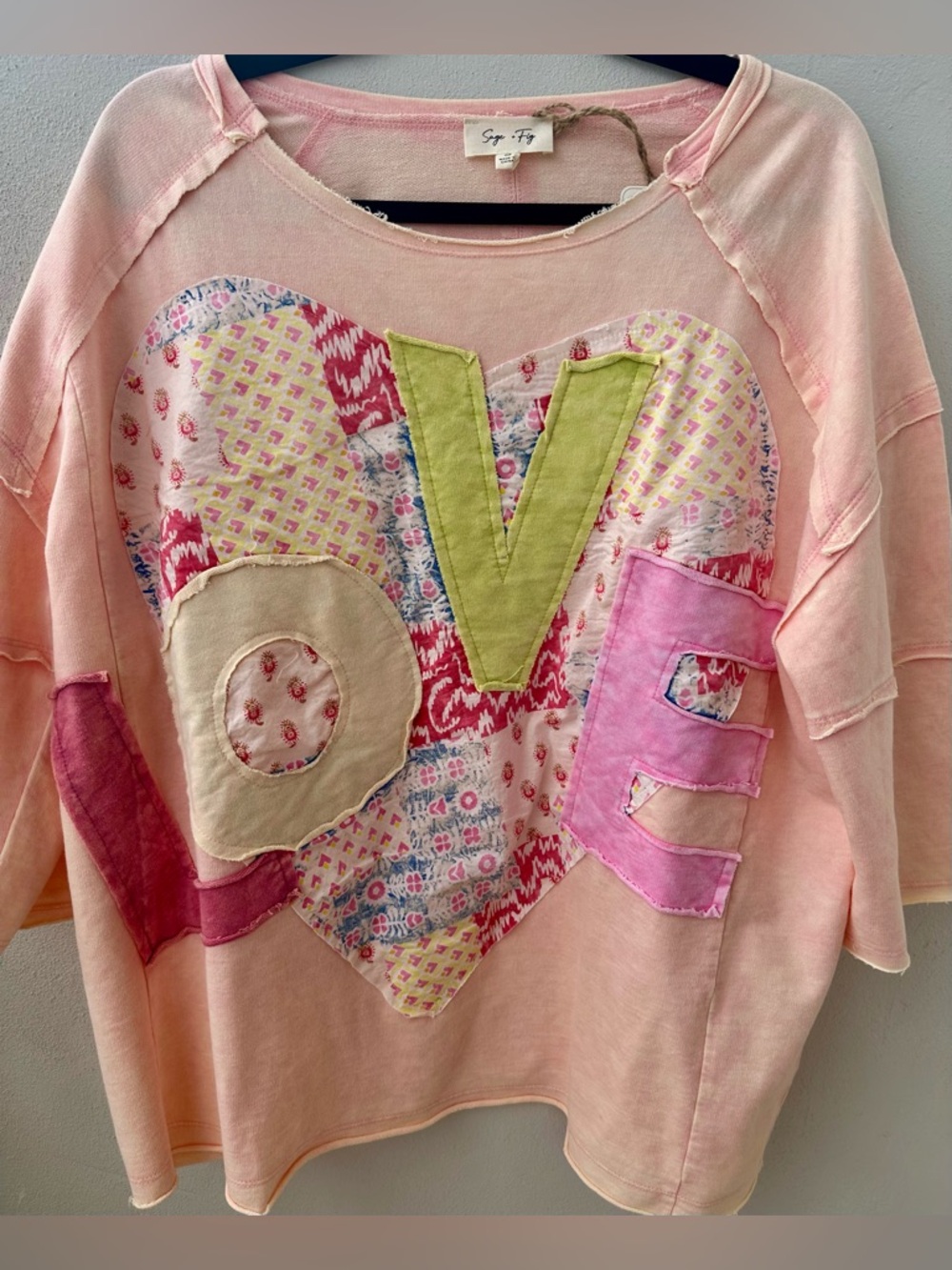 SAGE & FIG Pastel pinkish LOVE patch work top - Picture 3 of 10
